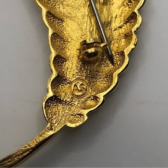 Vtg Gold Tone Leaf / Feather Brooch Signed AS 3.2” - Picture 3 of 4